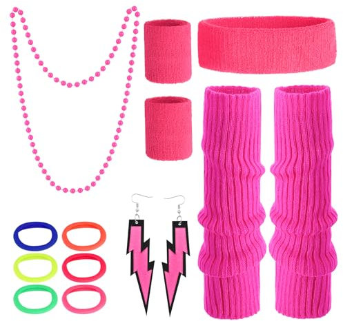 Apricitie 80er Beinlinge Set Damen, 80er Jahre Kostüm Zubehör Neon Gestrickte Beinlinge Bein Stulpen Schweißbänder Stirnband Armband Ohrringe Haarring für 80er Thema Party