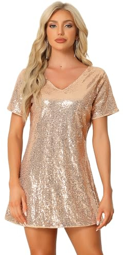 Allegra K Damen Glitzer Pailletten V Ausschnitt Kurzarm Minikleid Party | Gefüttertes Inneres Funkelnd und Glänzend Cocktail Hochzeit Geburtstag Feiertag Bankett Weihnachten