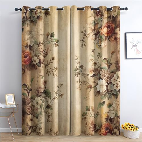 SZLYZM Vintage Blumen Vorhänge, Verdunklungsvorhänge mit Muster Blumen, Vorhang Blickdicht mit Ösen, Gardinen für Wohnzimmer Schlafzimmer Kinderzimmer Deko 2er Set - 175x140 (H X B) (QU-&204)