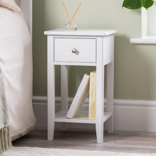 CHRISTOW Slim White Bedside Table With Drawer & Shelf, Modern Narrow Bedroom Nightstand, Wooden MDF Side End Stand for Living Room Hallway Sofa, Brushed Chrome Handle (H57cm x W32cm x D32cm)