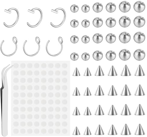 Yolev 54 Stück Fake Piercing Kugel Nasen Lippenohrringe 3 mm 4 mm 5 mm Stahlfarbe Fake Nose Ring Gefälschtes Augenbrauen Fake Septum Piercing Ohr mit Aufkleber Fake Piercings Einfach zu Tragen