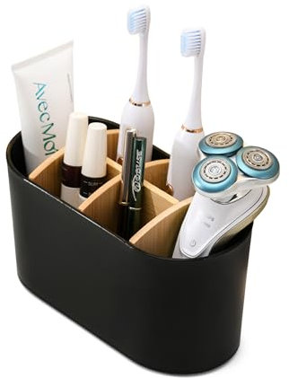 Portacepillos de dientes negro para baño con compartimentos de bambú, soporte para cepillo de dientes eléctrico con parte inferior antideslizante, organizador de cepillos de dientes de 6 ranuras,