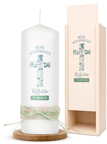 AMARI ® Konfirmationskerze personalisiert Floraler Segen (002.09.05) 20/7 cm- Kerze Konfirmation - Konfirmationskerze mit Namen und Datum - Konfirmation Kerze personalisiert Mädchen Junge