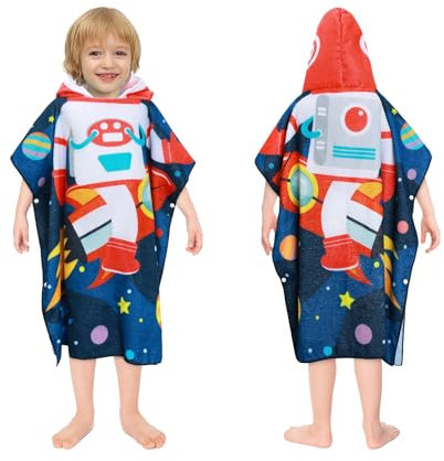 decalsweet Toalla Infantil con Capucha, Toalla de Playa de Microfibra, Suave Absorbente Grande Toalla de Baño Poncho Toalla Piscina Infantil Niño y Niña (Cohete Astronauta)