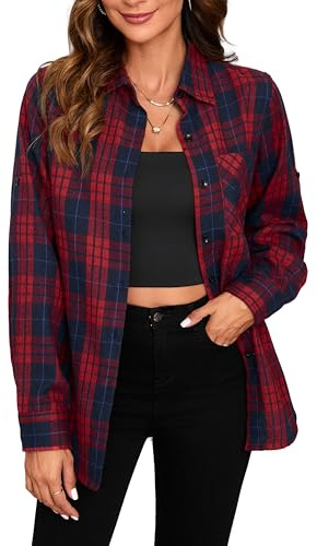 Stamain Flanellhemd Damen Karierte Bluse Langarm Baumwolle Karohemd Kariertes Freizeithemd Regular Fit Rot/Blau L