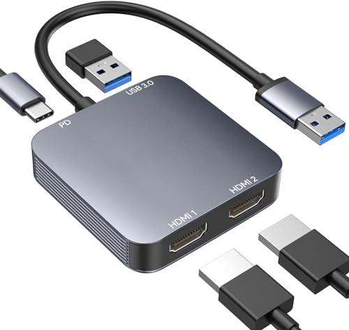USB 3.0 (USB-A) auf Dual-HDMI Adapter, 4-in-1 mit 2× HDMI 1080p@60Hz, USB-C PD-Strom & USB3.0-Port – kompatibel mit Windows/macOS/ChromeOS