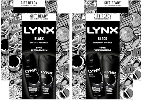 Lynx THE WINGMEN Black 48Hrs Odour Protection Body Spray 150 ml and 12Hrs Refreshing Fragrance Body Wash 225 ml 2 Pieces Ready to Wrap Gift Set for Him,4pk