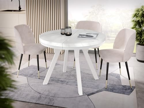 WFL GROUP Designer Runder Ausziehbarer Esstisch in Weißer Marmoroptik - Loft-Stil, Industriell, Platzsparend - Weiße Beine - 100 bis 200 cm - für 5-10 Personen - Hergestellt in EU - Marmor Weiß