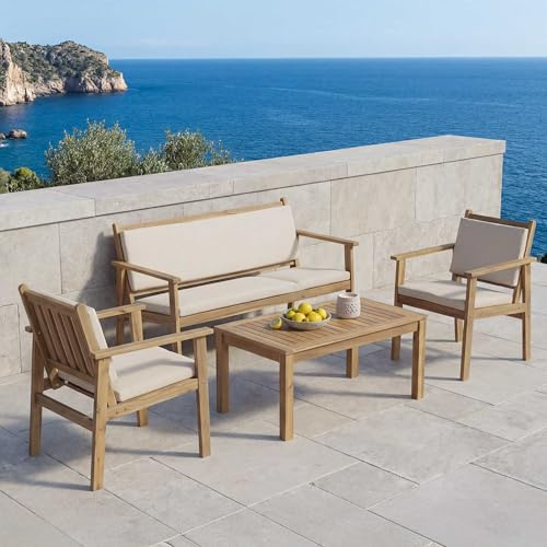 Mendler Garten-Garnitur HWC-O19 Holz Akazie - Kissen beige | Lounge-Set, Sitzgruppe, Bank, Sessel, Tisch, FSC®, Stoff/Textil, (180g/m²)