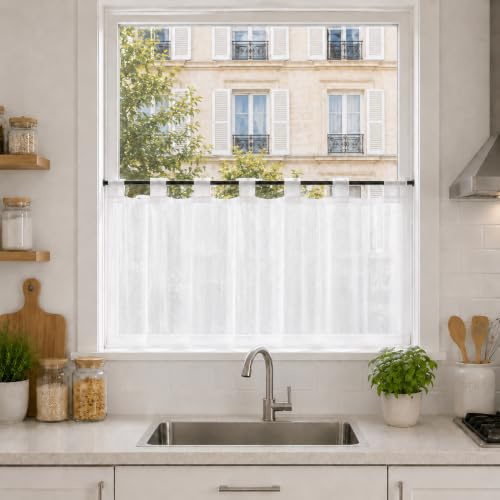Yujiao Mao Rideau Brise-Bise Blanc Transparent, 1 Panneau, LxH 45 × 90 cm | Rideau cuisine petite fenêtre, fenêtre de cuisine, voilage uni léger à passants, pour salle de bain, salon et salle à manger