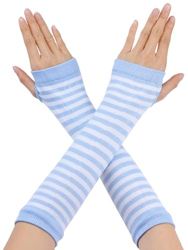Allegra K Women's Fingerless Gloves Printed Elbow Length Knitted Arm Warmers Light Blue White One Size