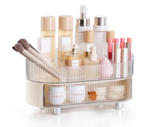 Corkovia Organizador de Maquillaje con 2 Cajones, Almacenaje Maquillaje de 2 Niveles para Cremas y Cosméticos, Caja Maquillaje para Tocador, Baño o Dormitorio, Fabricado en ABS Grueso y Transparente.