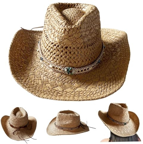 CNAFGBGG 1pc Stroh Cowboyhut mit dekorativen Band, Sonnenschutz -Herren Strohhut mit breiter Krempe, atmungsaktive Roll -Cowboy -Kappe für Frauen Männer Sommer Beach Urlaub, Khaki ..