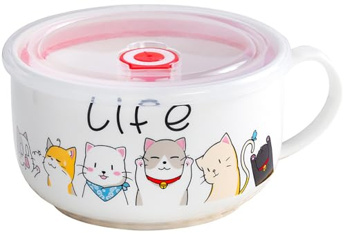 Ceramic Soup Bowls with Handle and Lids Soup Containers Cups Cute Cat Soup Cups Bowl for Ramen Oatmeal Pasta Soup Fruit 800ml (White)