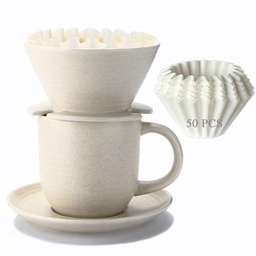Polydremio Caffettiera Versare Sopra, avec 50 Filtres à Café en Forme de Panier, Mug 310 ml/10 oz avec Soucoupe & Filtre à Café, Céramique, Blanc Cassé