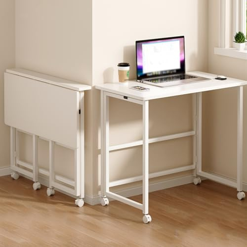 Escritorio plegable con ruedas, mesa compacta para oficina en casa, escritorio pequeño para computadora con estante, estación de trabajo plegable portátil (80 x 40 cm), perfecto para espacios