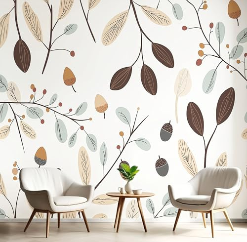 Papel Tapiz Fotográfico Rama De Olivo Y Bellotas 400x280cm Fondo De Pantalla XXL Doodle De Plantas Y Flores Papel Pintado Decoración De Pared para Sala Cuarto Oficina Salón, Marrón