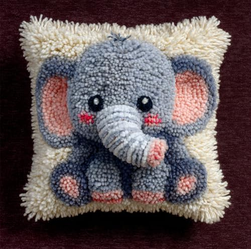 RKFLGEW Latch Hook Kits Pillow Baby Elephant Crochet Yarn Cushion Colour Pre-Printed Canvas Rug Needlework DIY Pillowcase Hook and Latch Kit Christmas Home Arts Crafts Sofa Decoration 43X43Cm/17 X17