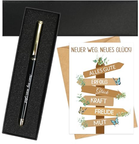 MorLuks Neuer Weg Neues Glück, Kugelschreiber mit Gravur + Abschiedskarte Kollegen + Geschenkbox, Abschiedsgeschenk Kollegen für Jobwechsel Rente Ruhestand Neuer Job Mutmacher