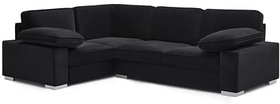 Happy Sofas Ascot 4 Seater Black Plush Velvet Left Hand Corner Sofa – Modern L-Shaped Corner Couch with Cushions, Comfortable Family Sofa - Deep Cushions & Stylish Comfort - Sofas for Living Room