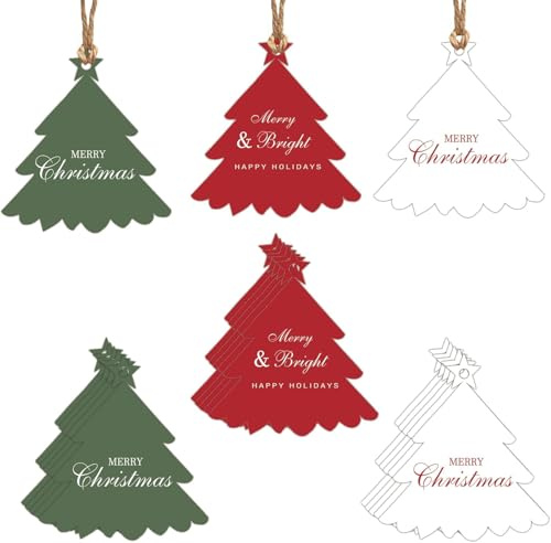 60 Stück moderne Weihnachtsbaum-Form, Geschenk, 5,1 x 7,6 cm Etiketten, Seil, zum Aufhängen, Namensgeschenk, Weihnachtsbaum-Themenmarker, personalisierbare Geschenkdekoration