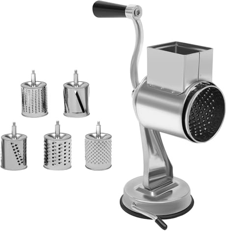 Râpe à fromage, râpe à légumes avec 5 lames - Râpe de cuisine manuelle pour fromage, concombre, carottes, noix et chocolat - Manivelle avec ventouse pour un maintien stable - Coupe rapide et facile
