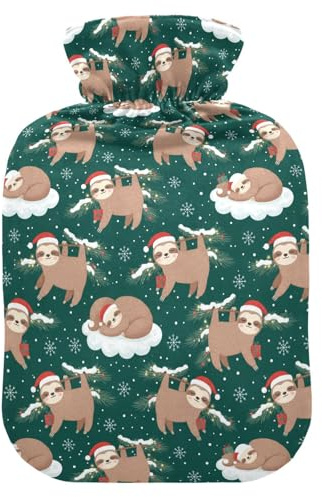 Wärmflasche mit weichem Bezug, Weihnachtsmotiv, Faultier-Geschenk, Schneeflocke, 1 l Wärmbeutel zur Schmerzlinderung, Grün / Braun