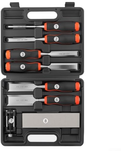 URPIZY Lot de 8 burins à bois pour le travail du bois de 6 à 38 mm, résistants aux chocs, poignées ergonomiques, avec pierre à aiguiser et virole pour un travail précis
