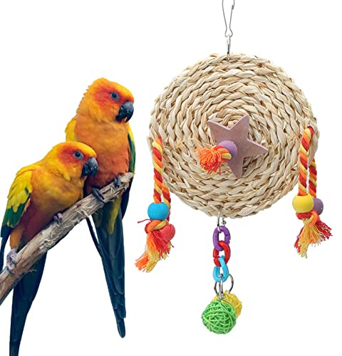 Juguete para Masticar Loros para Mascotas, Bloque de Madera Trenzado de Paja no tóxica, Jaula para pájaros, Columpio Colgante, Juguete para Loros, Accesorios para jaulas de (S)