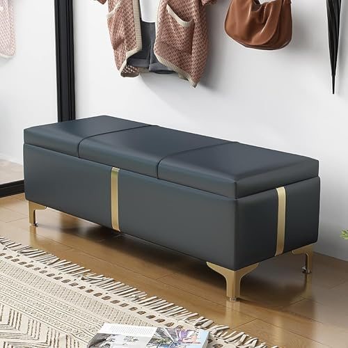 Elegant mörkblå konstläder förvaringsottoman med fotstöd vadderad sits metall skopall för vardagsrum sovrum entré 60 x 40 x 40 cm modern design