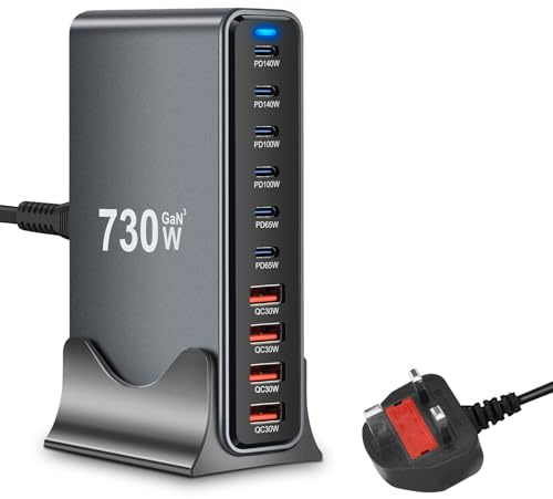 730W USB C Charger Block - 10 in 1 Multi Port USB C Fast Charging Station, Max 140W PD 3.1 Laptop Charger Hub (6 USBC & 4 USB‑A) for MacBook, iPad, Galaxy, iPhone 17/16/15 Pro etc