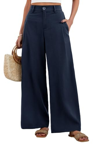 Fashora Pantalon Femme Été Lin Pantalons Taille Elastique (Bleumarine, XL)