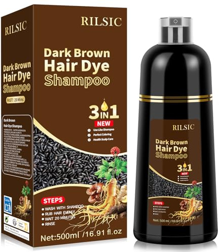 RILSIC Shampoo Colorante Donna Uomo, 500ML Shampoo Colorante Bianchi, Hair Dye 3 in 1, Tintura per Capelli Bianchi Istantaneo, Colore e Duratura, Tinta Capelli per Uomini Donne (Marrone Scuro)