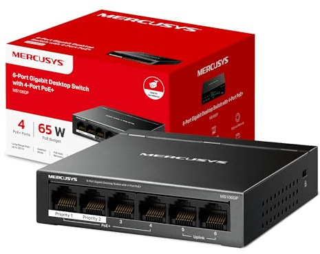 NEW MERCUSYS MS106GP 6-Port Gigabit PoE+ Switch, Network Switch | 4 PoE+ Ports, 65W Total Budget, 2 Uplink Ports, 250m PoE Transmission, PoE Auto Recovery, Isolation Mode, Plug & Play