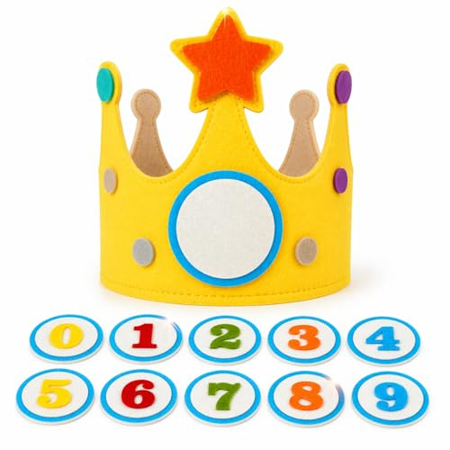 JOVYTH Children's Birthday Crown, Fabric Birthday Crown，Star and Hat, for Boys and Girls with Interchangeable Numbers from 1-9 (Yellow)