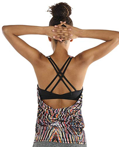 icyzone Dam sport yoga topp med bh – 2 i 1 fitness skjorta cross back gym sport linne topp, Fyrverkerier, S