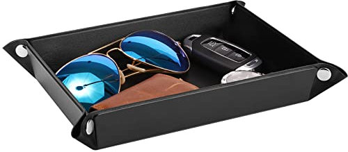 Luxspire Plateau Rectangulaire Classique en Cuir, Plateau de Rangement pour Monnaie, Clé, Portefeuille et Accessoire - Moyen, Noir
