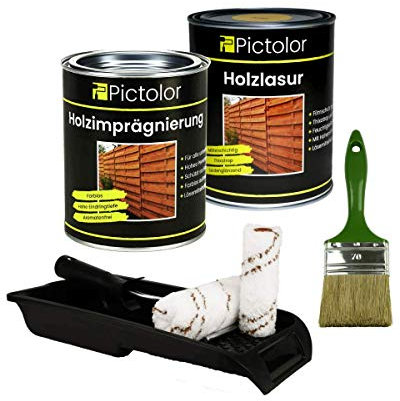 Pictolor Holzschutz Set: Pictolor Holzlasur 0,75 Liter Ebenholz + Pictolor Imprägnierlasur 0,75 Liter + Walzenset + Lasur Pinsel 70mm
