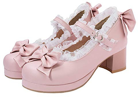 Women Kawaii Mid Block Heel Mary Jane Rockabilly Pumps with Bow,8,Pink