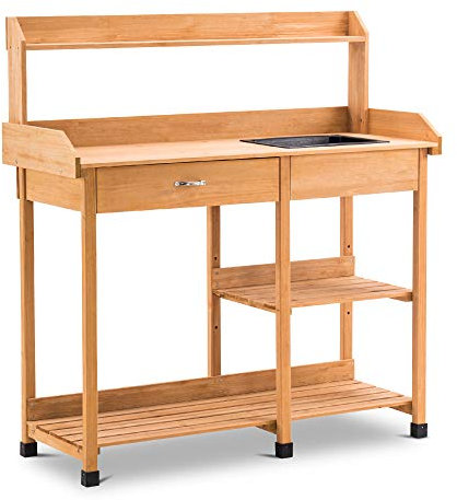 MCombo Pflanztisch Gärtnertisch Blumentisch 0458 mit Waschbecken Schublade und Ablagefläche Wetterfest Holz, 115 x 45 x 121 cm (Natur)