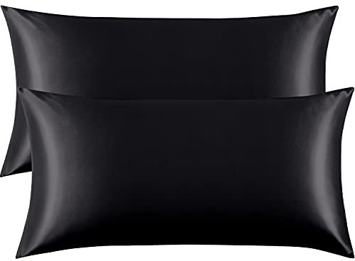 FLXXIE 2 Pack Satin Pillowcases for Skin and Hair, Luxurious and Silky King Pillow Cases with Envelope Closure, Black, 50x90 cm