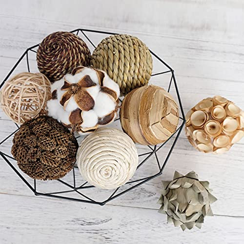 CIR OASES Dekorative Kugeln, kugelförmig, Sortiert, 9 Stück, braun-weiße Kugeln, rustikal, natürlicher Zweig, Rattan, gewebte Baumwollkugeln für Vasen, Schüssel, Tischdekoration, Zuhause, Party,