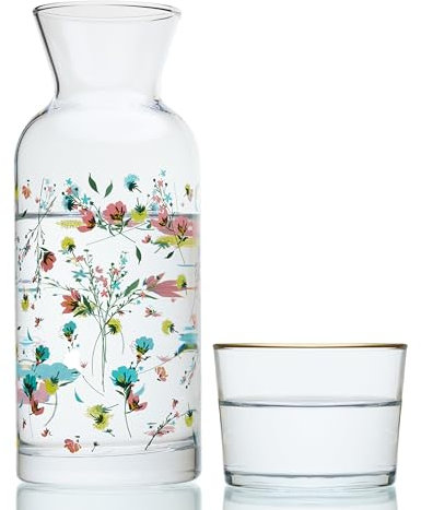 Wrenbury Juego de jarra de agua y vidrio para mesita de noche, jarra de vidrio de 700 ml con taza, elegante jarra decantadora para dormitorio y comedor, diseño flora