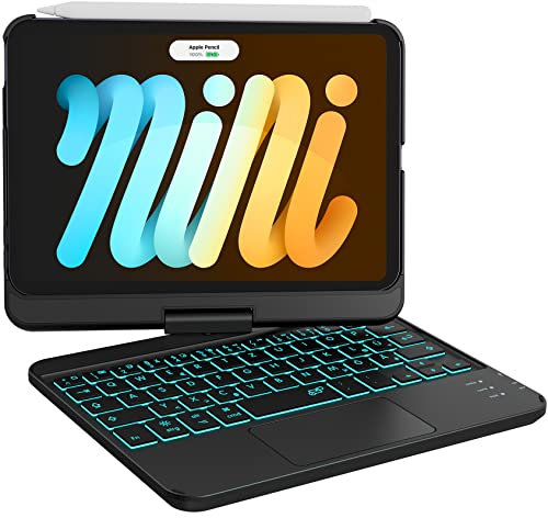 Earto Funda para iPad Mini 6 con teclado, Smart Trackpad, teclado de 7 colores con retroiluminación, rotación de 360°, diseño QWERTZ, color negro