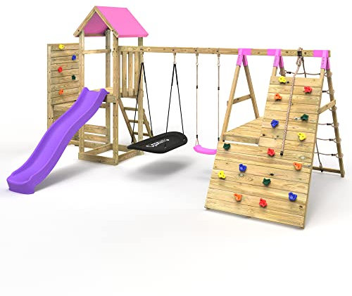 Rebo® Wooden Climbing Frame with Vertical Rock Wall, Swing Set and Slide - San Luis Pink | OutdoorToys | Kids' Outdoor Wooden Garden Play Equipment, Children's Jungle Gym