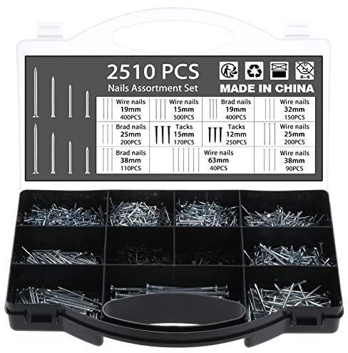 WiMas 2510Pcs Nagelsortiment Set Eisenwaren Baunägel Möbelnägel, Einschließlich Drahtnägel, Brad Nägel und Reißnägel, Nägel zum Basteln Heimwerken Mauerwerk Holzarbeiten Dekoration