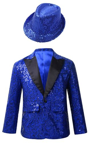 Runhomal Veste Paillettes Enfant Garcon Manches Longues et Chapeau Tenue Danse Moderne Jazz Hip Hop Sequins Costume Mariage Cocktail Cérémonie Spectacle