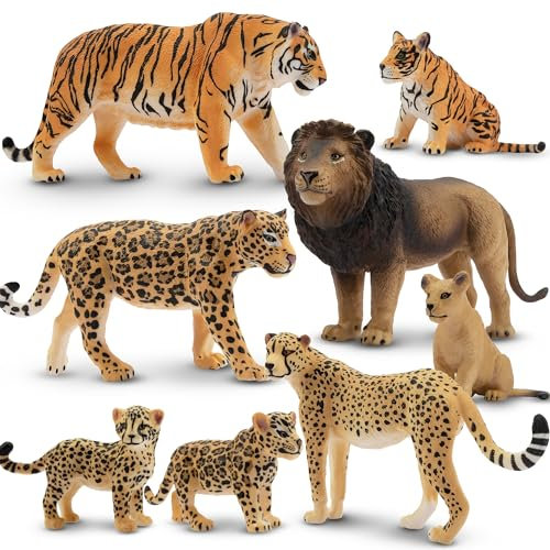 TOYMANY 8 Stück Tiere-Figuren Set Safari Spielfiguren Spielzeug, Enthält Tierbabys,Realistische Löwen Tiger Geparden und Jaguarfiguren, Plastiktiere Zoo Dschungel Wald Tierfiguren für Kinder