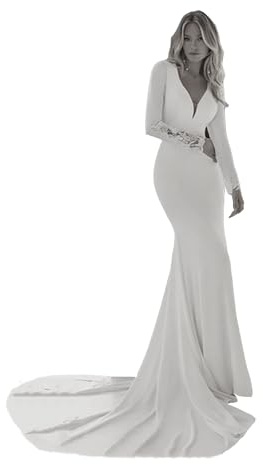 TSxuelian Robe de mariée sirène en satin à manches longues pour femmes, robe de mariée musulmane avec dos ouvert, blanc, 38