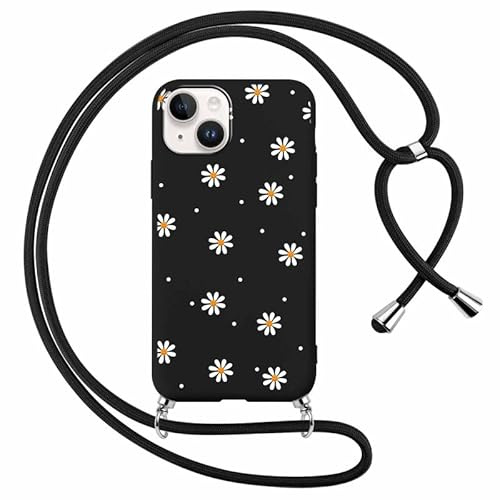 Foonary Handyband Hülle mit Band für iPhone 14 6,1 Handyhülle, Aesthetic Design Kette Necklace Case mit Kordel zum Umhängen Silikon Bumper Cover Schnur für iPhone 14 / iPhone 13, Smile Blumen